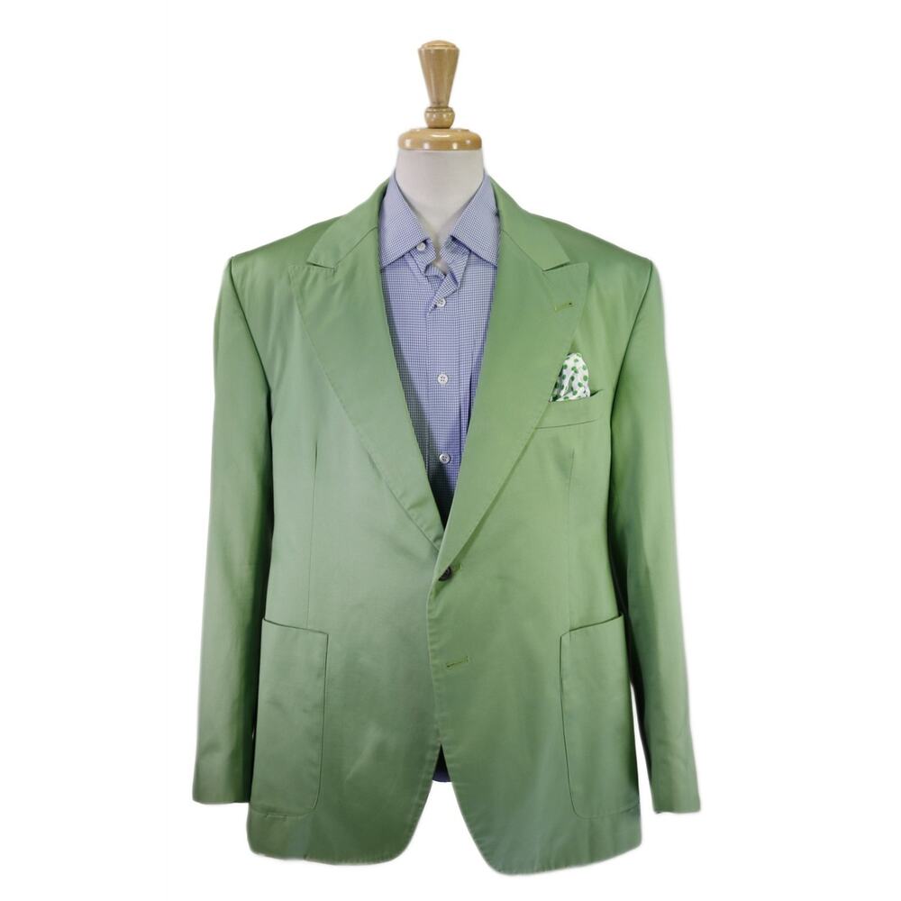 Custom Tailored Lime Green Peak Lapel Patch Pocket Cotton Silk Blazer 42R